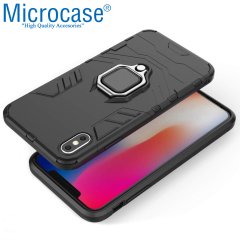 Microcase iPhone XS MAX Batman Serisi Yüzük Standlı Armor Kılıf - Siyah + Tempered Glass Cam Koruma