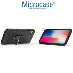 Microcase iPhone XS MAX Batman Serisi Yüzük Standlı Armor Kılıf - Siyah + Tempered Glass Cam Koruma