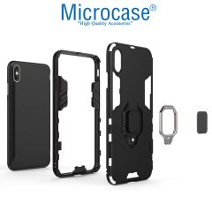 Microcase iPhone XS MAX Batman Serisi Yüzük Standlı Armor Kılıf - Siyah + Tempered Glass Cam Koruma