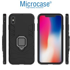 Microcase iPhone XS MAX Batman Serisi Yüzük Standlı Armor Kılıf - Siyah + Tempered Glass Cam Koruma