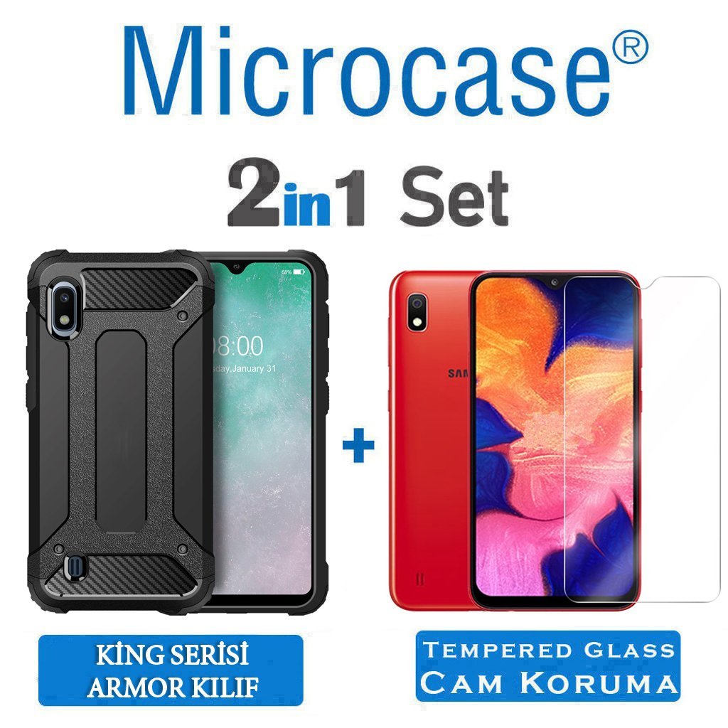 Microcase Samsung Galaxy A10 King Serisi Armor Perfect Koruma Kılıf Siyah + Tempered Glass Cam Koruma (SEÇENEKLİ)