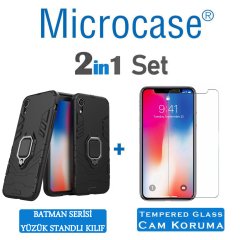 Microcase iPhone XR Batman Serisi Yüzük Standlı Armor Kılıf - Siyah + Tempered Glass Cam Koruma