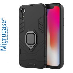 Microcase iPhone XR Batman Serisi Yüzük Standlı Armor Kılıf - Siyah + Tempered Glass Cam Koruma