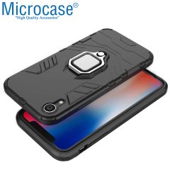 Microcase iPhone XR Batman Serisi Yüzük Standlı Armor Kılıf - Siyah + Tempered Glass Cam Koruma