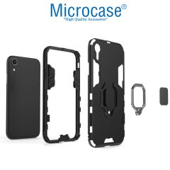 Microcase iPhone XR Batman Serisi Yüzük Standlı Armor Kılıf - Siyah + Tempered Glass Cam Koruma