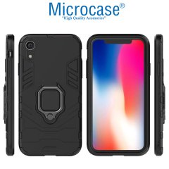 Microcase iPhone XR Batman Serisi Yüzük Standlı Armor Kılıf - Siyah + Tempered Glass Cam Koruma