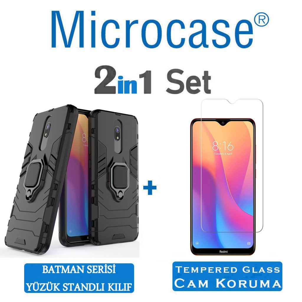 Microcase Xiaomi Redmi 8A Batman Serisi Yüzük Standlı Armor Kılıf - Siyah + Tempered Glass Cam Koruma
