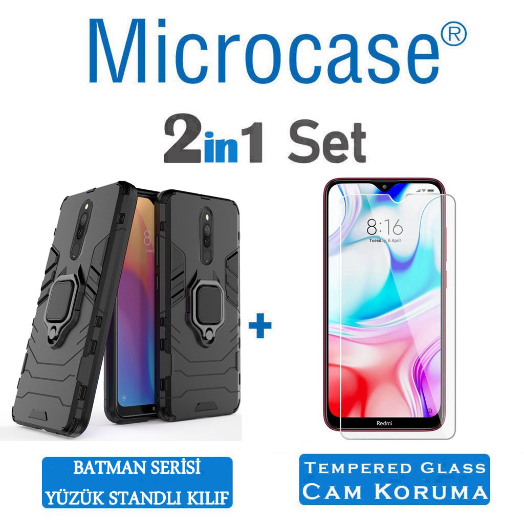 Microcase Xiaomi Redmi 8 Batman Serisi Yüzük Standlı Armor Kılıf - Siyah + Tempered Glass Cam Koruma