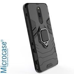 Microcase Xiaomi Redmi 8 Batman Serisi Yüzük Standlı Armor Kılıf - Siyah + Tempered Glass Cam Koruma