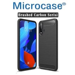 Microcase Huawei Nova 5 Brushed Carbon Fiber Silikon Kılıf - Siyah + Tempered Glass Cam Koruma