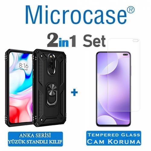 Microcase Xiaomi Redmi K30 Anka Serisi Yüzük Standlı Armor Kılıf Siyah+Tempered Glass Cam Koruma