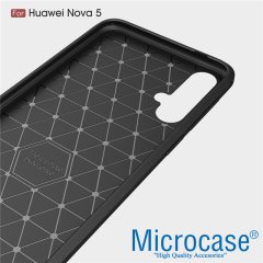Microcase Huawei Nova 5 Brushed Carbon Fiber Silikon Kılıf - Siyah + Tempered Glass Cam Koruma