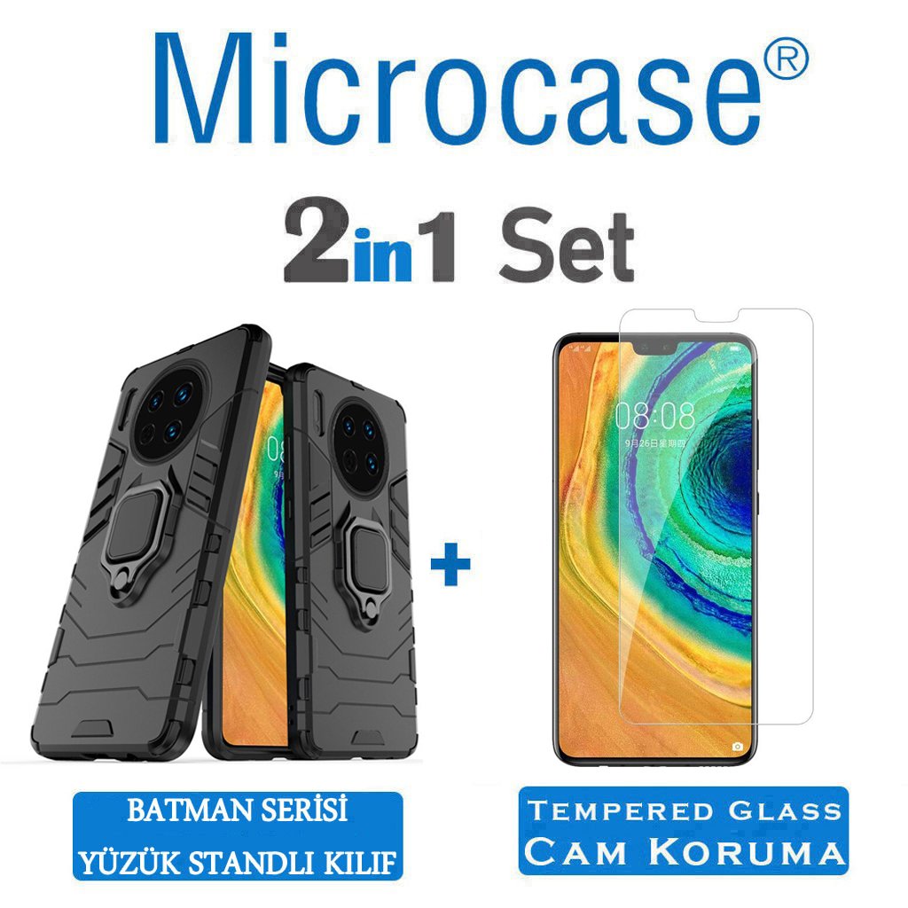 Microcase Huawei Mate 30 Batman Serisi Yüzük Standlı Armor Kılıf - Siyah + Tempered Glass Cam Koruma