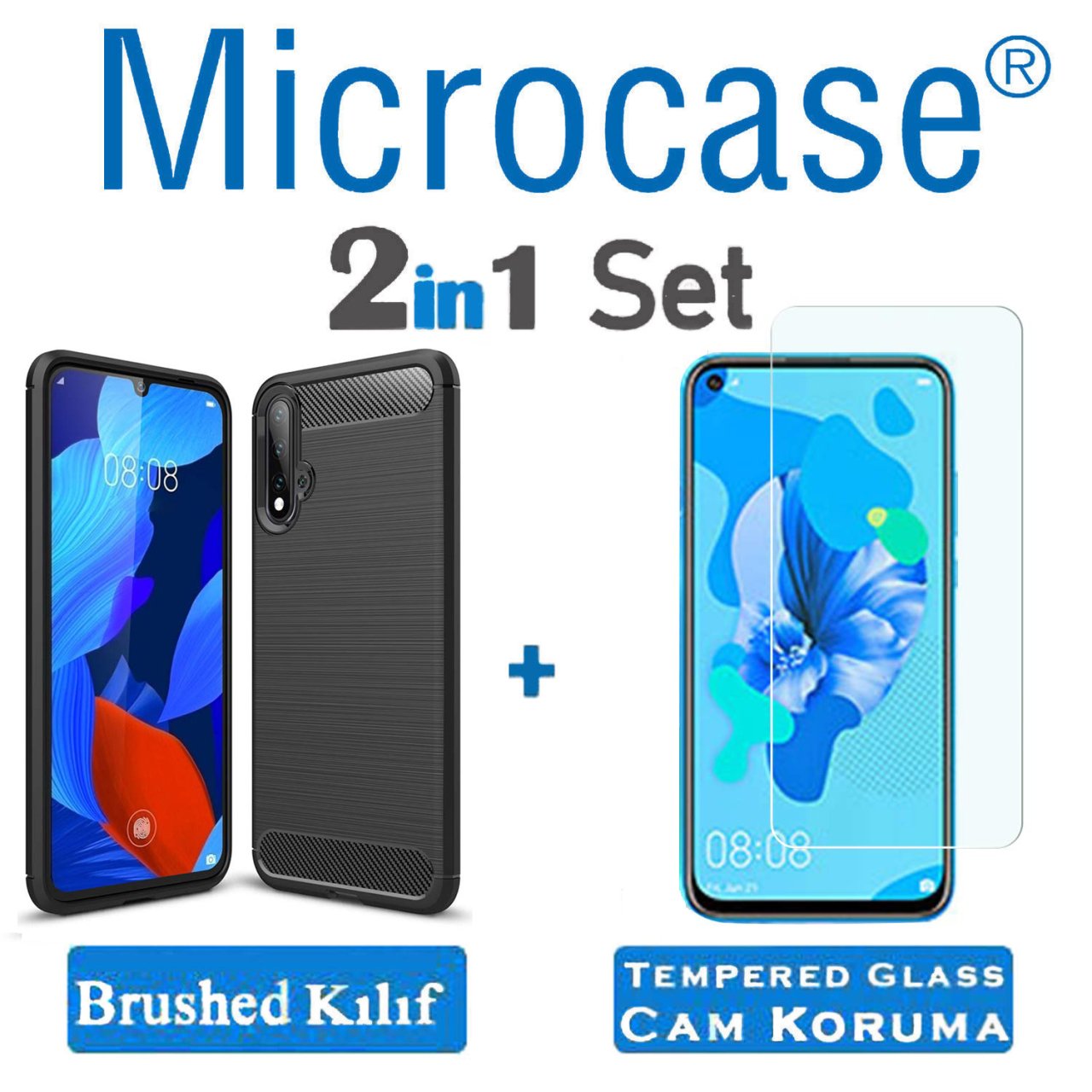 Microcase Huawei Nova 5 Pro Brushed Carbon Fiber Silikon Kılıf - Siyah + Tempered Glass Cam Koruma