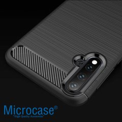 Microcase Huawei Nova 5 Pro Brushed Carbon Fiber Silikon Kılıf - Siyah + Tempered Glass Cam Koruma