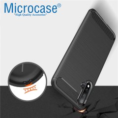 Microcase Huawei Nova 5 Pro Brushed Carbon Fiber Silikon Kılıf - Siyah + Tempered Glass Cam Koruma