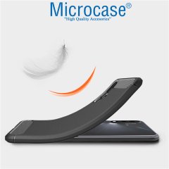 Microcase Huawei Nova 5 Pro Brushed Carbon Fiber Silikon Kılıf - Siyah + Tempered Glass Cam Koruma
