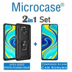 Microcase Xiaomi Redmi Note 9S Anka Serisi Yüzük Standlı Armor Kılıf Siyah+Tempered Glass Cam Koruma