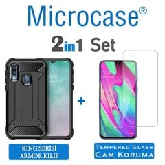 Microcase Samsung Galaxy A40 King Serisi Armor Perfect Koruma Kılıf Siyah + Tempered Glass Cam Koruma (SEÇENEKLİ)