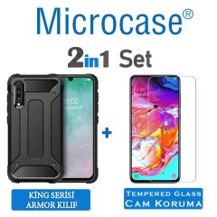 Microcase Samsung Galaxy A70 King Serisi Armor Perfect Koruma Kılıf Siyah + Tempered Glass Cam Koruma (SEÇENEKLİ)