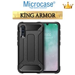 Microcase Samsung Galaxy A70 King Serisi Armor Perfect Koruma Kılıf Siyah + Tempered Glass Cam Koruma (SEÇENEKLİ)