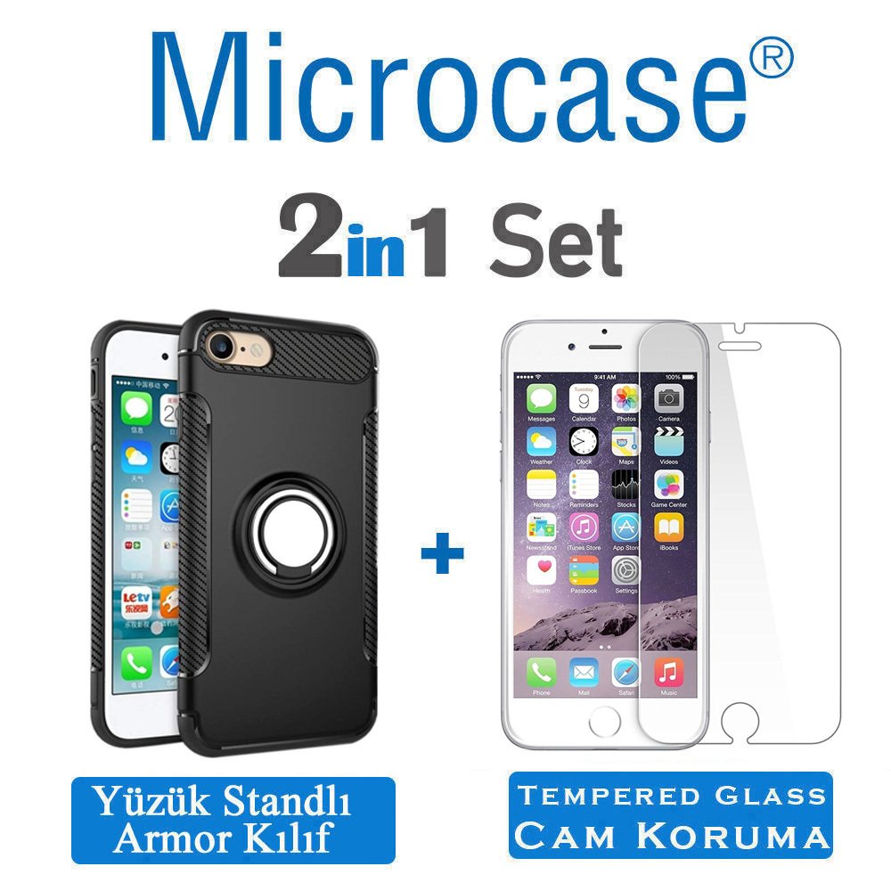 Microcase iPhone 6 - iPhone 6s Yüzük Standlı Armor Silikon Kılıf - Siyah + Tempered Glass Cam Koruma