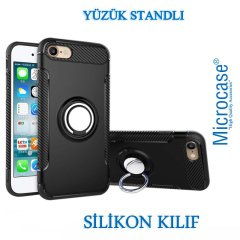 Microcase iPhone 6 - iPhone 6s Yüzük Standlı Armor Silikon Kılıf - Siyah + Tempered Glass Cam Koruma