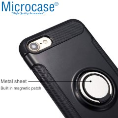 Microcase iPhone 6 - iPhone 6s Yüzük Standlı Armor Silikon Kılıf - Siyah + Tempered Glass Cam Koruma