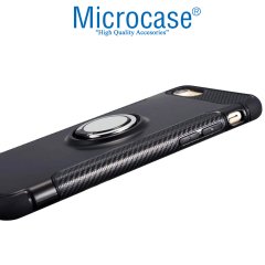Microcase iPhone 6 - iPhone 6s Yüzük Standlı Armor Silikon Kılıf - Siyah + Tempered Glass Cam Koruma