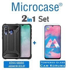 Microcase Samsung Galaxy M30 - Galaxy A40s King Serisi Armor Perfect Koruma Kılıf Siyah + Tempered Glass Cam Koruma (SEÇENEKLİ)