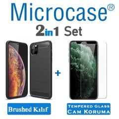 Microcase iPhone 11 Pro Brushed Carbon Fiber Silikon Kılıf - Siyah + Tempered Glass Cam Koruma