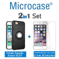 Microcase iPhone 6 Plus - iPhone 6s Plus Yüzük Standlı Armor Silikon Kılıf - Siyah + Tempered Glass Cam Koruma