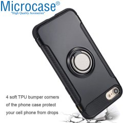Microcase iPhone 6 Plus - iPhone 6s Plus Yüzük Standlı Armor Silikon Kılıf - Siyah + Tempered Glass Cam Koruma