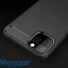 Microcase iPhone 11 Pro Brushed Carbon Fiber Silikon Kılıf - Siyah + Tempered Glass Cam Koruma