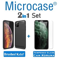Microcase iPhone 11 Pro Max Brushed Carbon Fiber Silikon Kılıf - Siyah + Tempered Glass Cam Koruma
