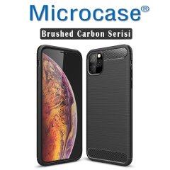 Microcase iPhone 11 Pro Max Brushed Carbon Fiber Silikon Kılıf - Siyah + Tempered Glass Cam Koruma