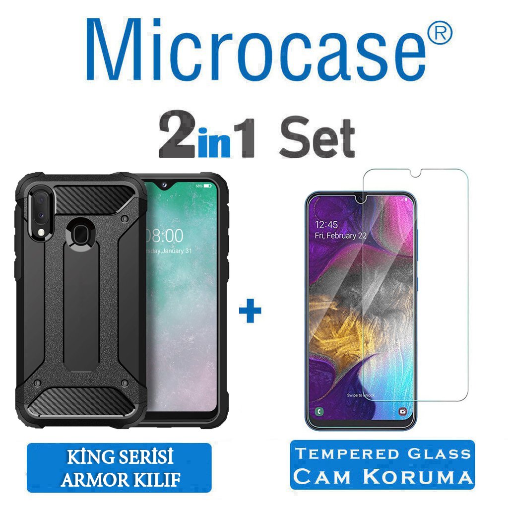 Microcase Samsung Galaxy A20e King Serisi Armor Perfect Koruma Kılıf Siyah + Tempered Glass Cam Koruma (SEÇENEKLİ)