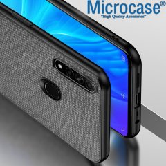 Microcase Huawei Y6P Fabrik Serisi Kumaş ve Deri Desen Kılıf - Gri
