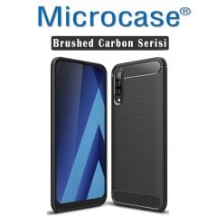 Microcase Samsung Galaxy A30s Brushed Carbon Fiber Silikon Kılıf - Siyah + Tempered Glass Cam Koruma