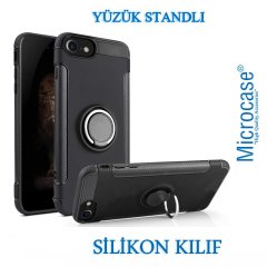 Microcase iPhone 8 Yüzük Standlı Armor Silikon Kılıf - Siyah + Tempered Glass Cam Koruma