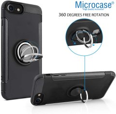 Microcase iPhone 8 Yüzük Standlı Armor Silikon Kılıf - Siyah + Tempered Glass Cam Koruma