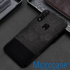 Microcase Huawei Y6P Fabrik Serisi Kumaş ve Deri Desen Kılıf  - Siyah + Tempered Glass Cam Koruma
