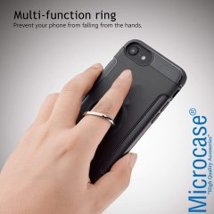 Microcase iPhone 8 Yüzük Standlı Armor Silikon Kılıf - Siyah + Tempered Glass Cam Koruma