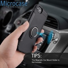 Microcase iPhone 8 Yüzük Standlı Armor Silikon Kılıf - Siyah + Tempered Glass Cam Koruma