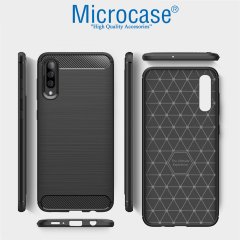 Microcase Samsung Galaxy A30s Brushed Carbon Fiber Silikon Kılıf - Siyah + Tempered Glass Cam Koruma