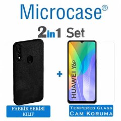 Microcase Huawei Y6P Fabrik Serisi Kumaş ve Deri Desen Kılıf  - Siyah + Tempered Glass Cam Koruma
