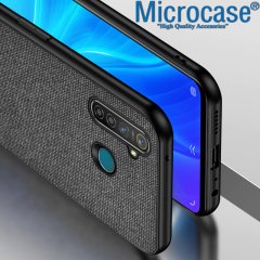 Microcase Oppo Realme 6i Fabrik Serisi Kumaş ve Deri Desen Kılıf -Gri + Tempered Glass Cam Koruma