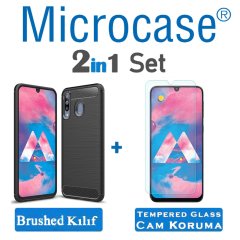 Microcase Samsung Galaxy A40s Brushed Carbon Fiber Silikon Kılıf - Siyah + Tempered Glass Cam Koruma