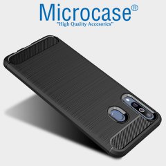 Microcase Samsung Galaxy A40s Brushed Carbon Fiber Silikon Kılıf - Siyah + Tempered Glass Cam Koruma