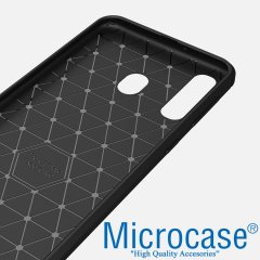 Microcase Samsung Galaxy A40s Brushed Carbon Fiber Silikon Kılıf - Siyah + Tempered Glass Cam Koruma